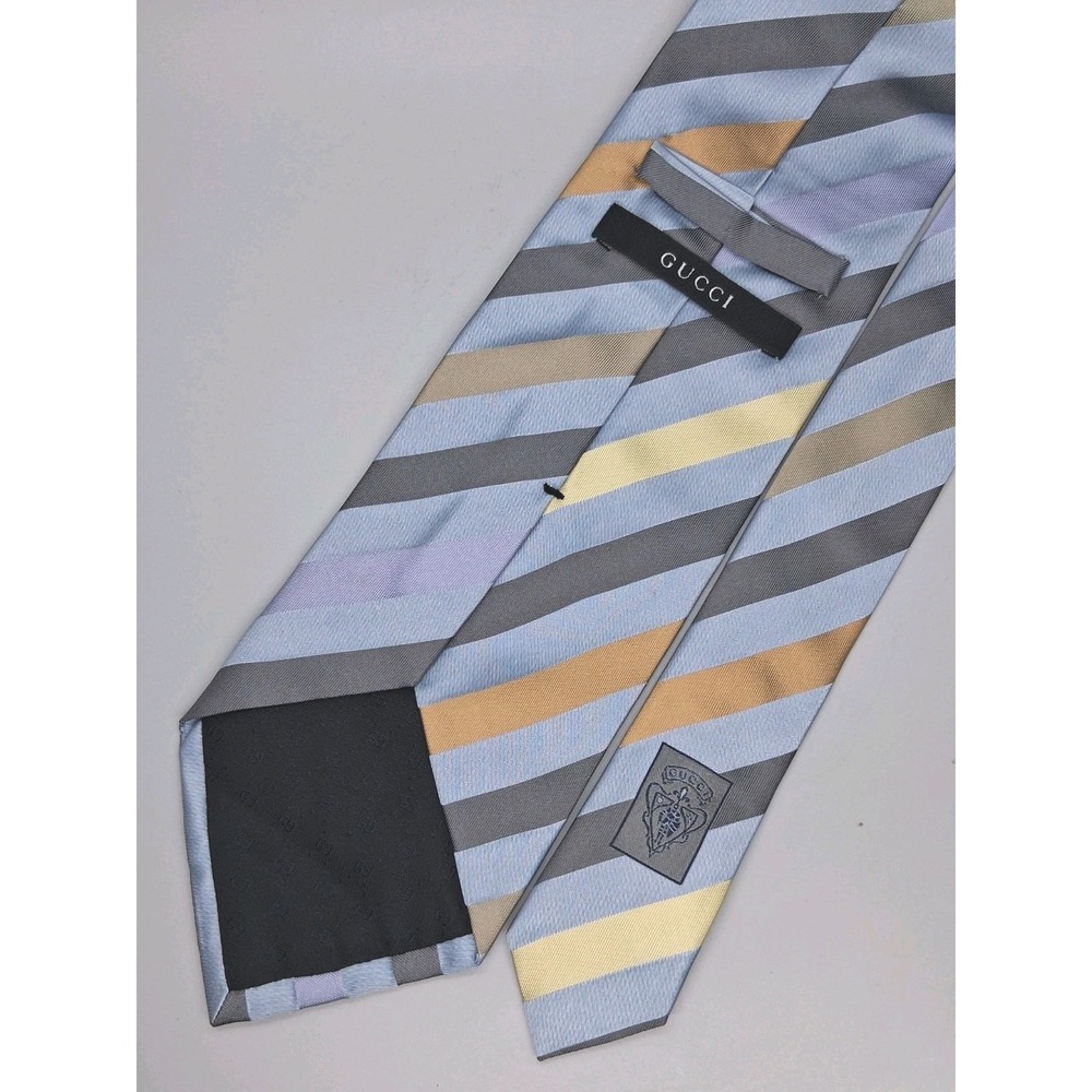 GUCCI Tie Mens Silk Blue Gray Tan Diagonal Stripe Luxury Made in Italy Necktie